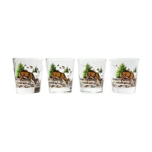 Vintage 4 Old Fashioned Tumbler Glasses 4” 12oz Deer Buck Hunting Wildlife Birds